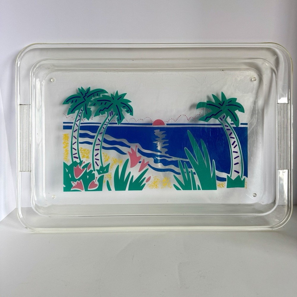 Vintage Clear Acrylic Serving Tray Beach Palm Tree Sunset 19.5x13.5
